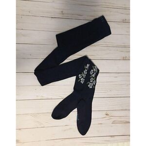 Dark Blue Floral Embroidered Fishnet Tights - Girls One Size